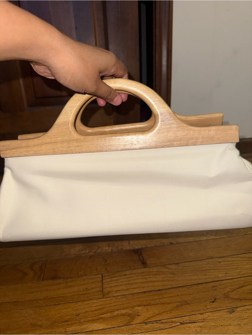 Cream Clutch with Sculpted Wood Handle